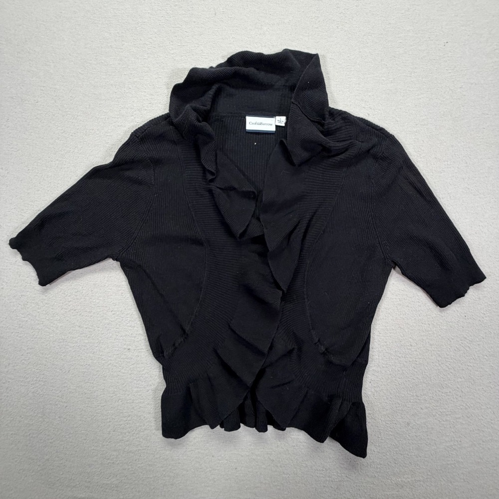 Croft & Barrow‎ Cardigan Women Large Good Black Ruffle Front Ribbed Knit Shrug